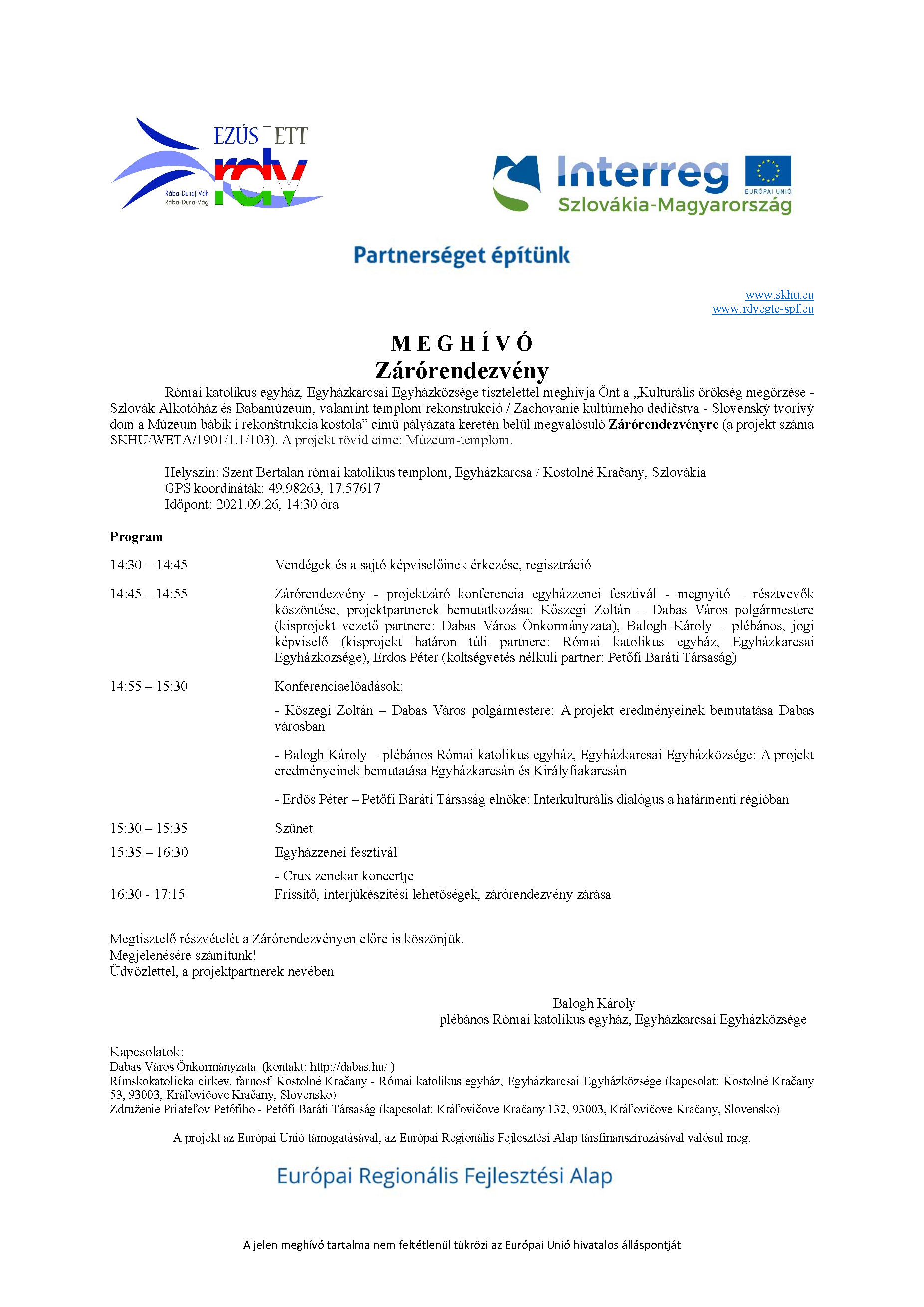 Meghívó az Egyházkarcsai Egyházközség zárórendezvényére