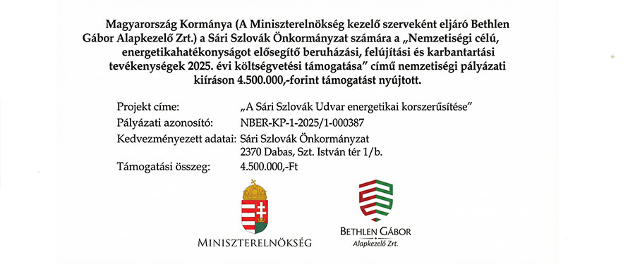 SÁRI SZLOVÁK UDVAR ENERGETIKAI FEJLESZTÉSE 