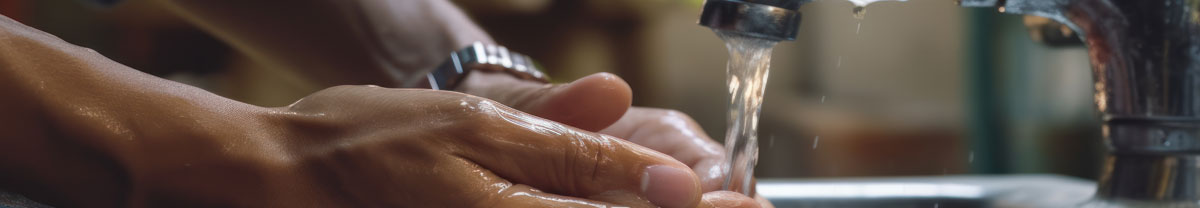 Ivóvízminőség javítása oldal header képe, ami illusztráció a tartalomhoz és egy kezet az ivóvízcsap alatt mutatja.